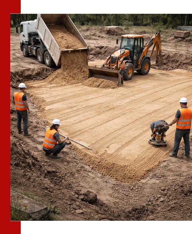 Устройство песчаной подушки для фундаментов и дорог в Южно-Сахалинске